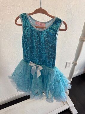 Popatu Turquoise Sequin Tulle Dance Dress with Satin Bow